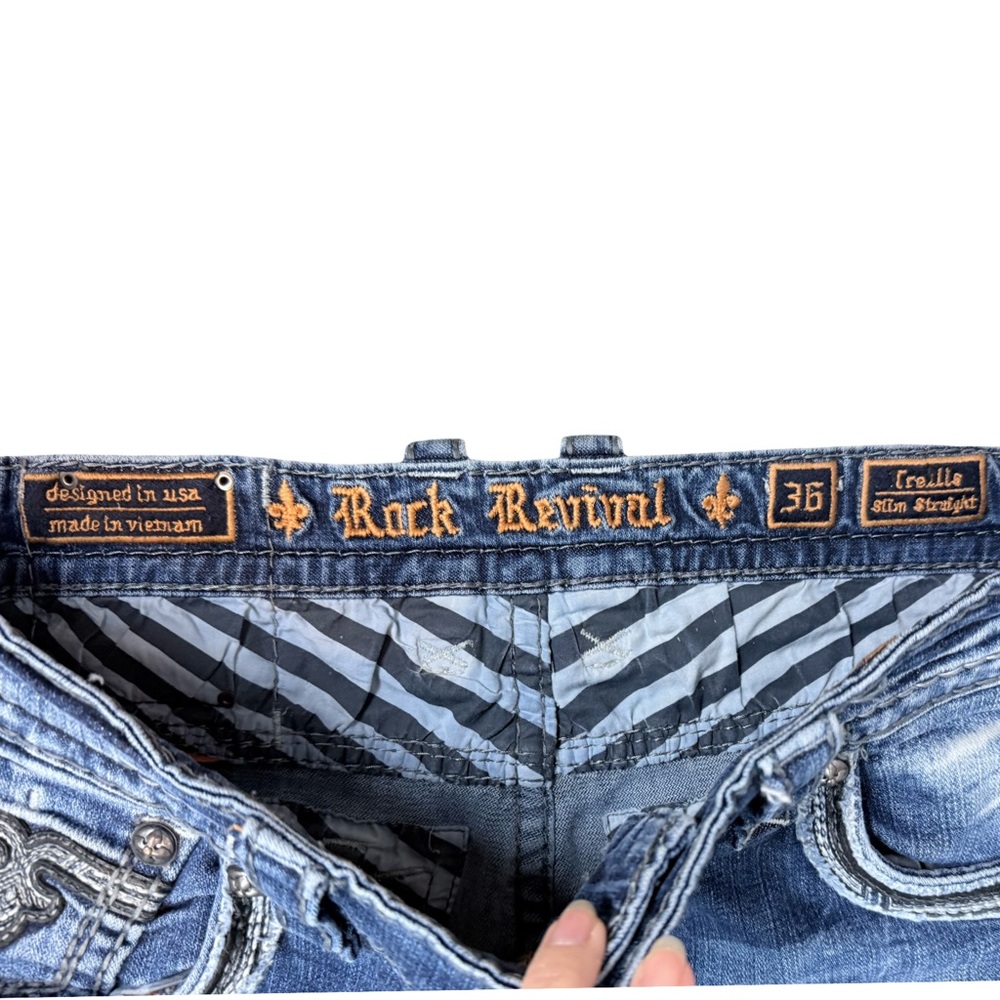 Rock Revival Men's Dark Slim Straight Fleur De Lis de Jeans 36X27 - Picture 10 of 15